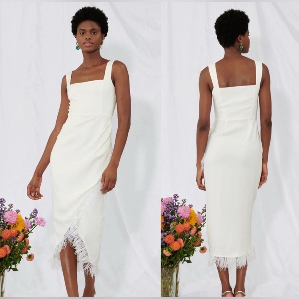 Saylor CAYLIN DRESS White Midi Feather Trim Sleeveless Large